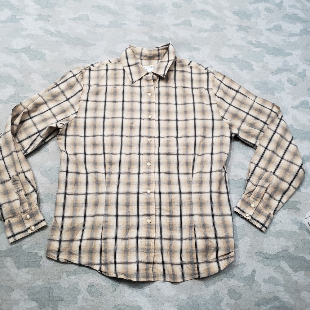 Pendleton Top Womens Large Tan‎ Long Sleeve Button-Up Check Plaid Western